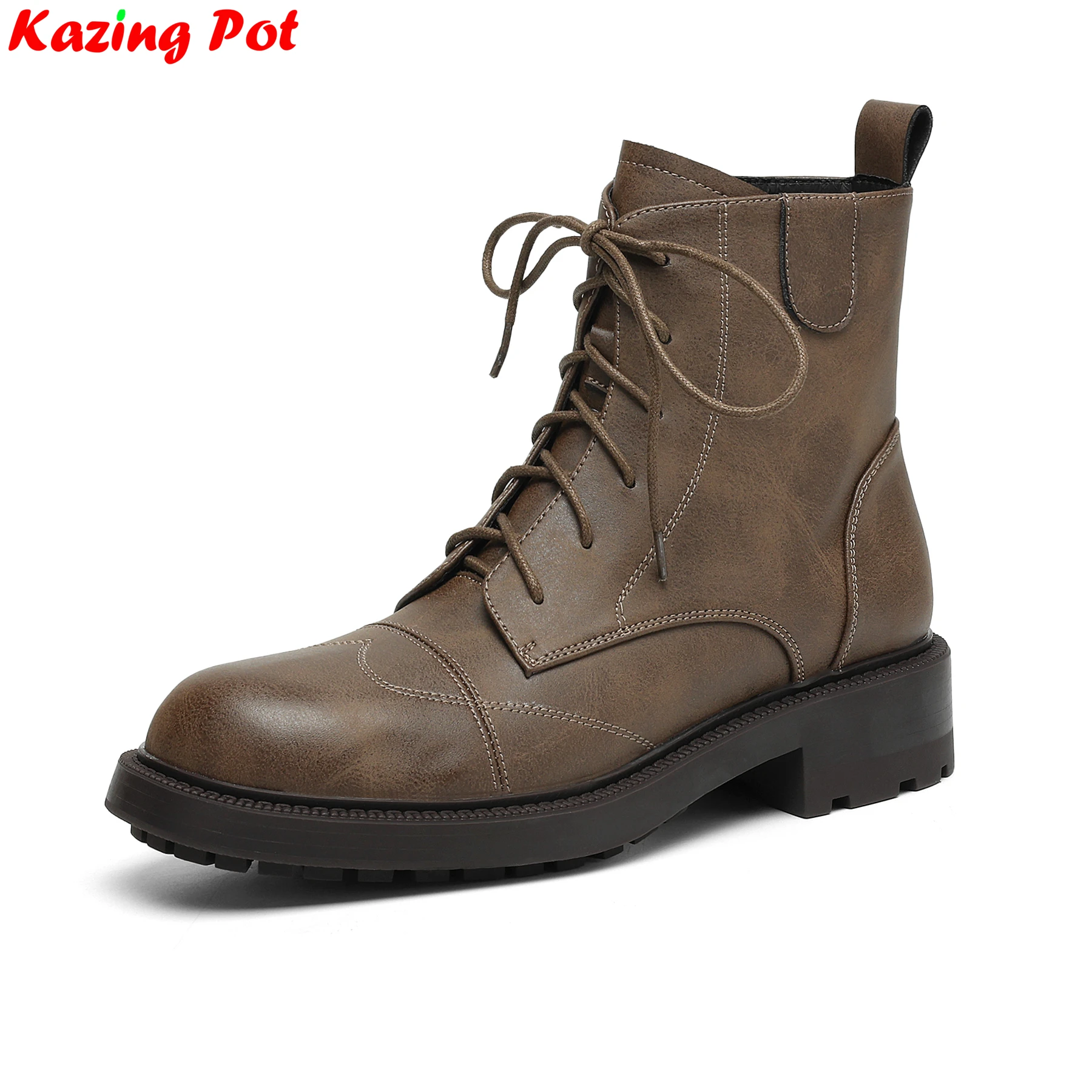 

Krazing Pot Cow Skin Med Heels Modern Motorcycles Boots Warm Winter Autumn Vintage Party Dating Sewing Brand Women Ankle Boots