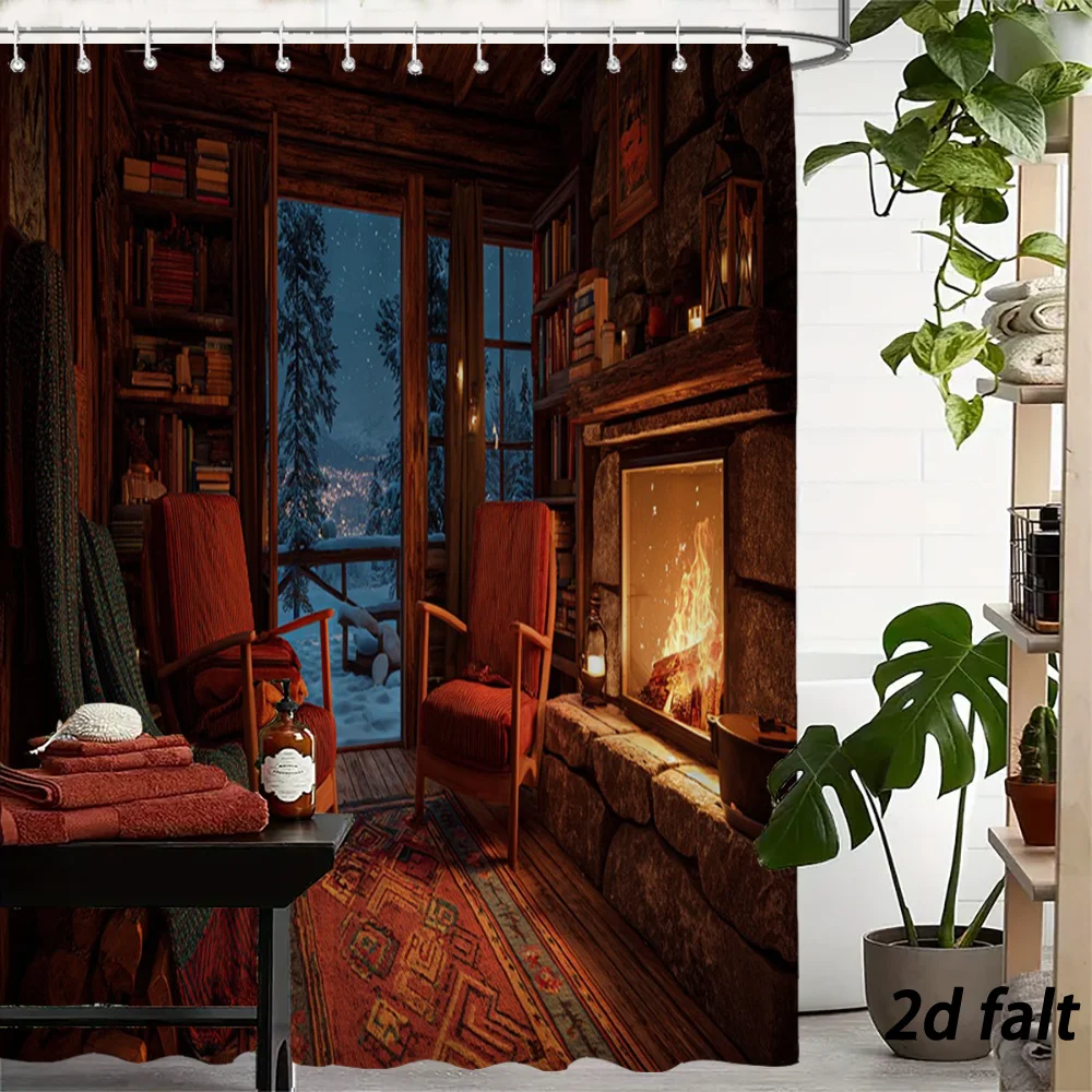 Vintage Log Cabin Interior With Burning Fireplace Snowy Forest Night View Art Bath curtain Comfortable Warm t