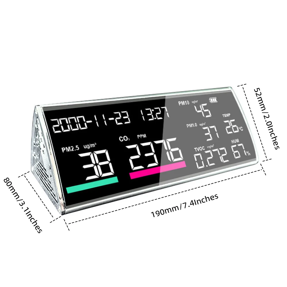 High Quality Table Top Multi-function CO2 Detector PM2.5 Tester TVOC TIME DATE Gas Monitor Air Pollution Tester Silver Color
