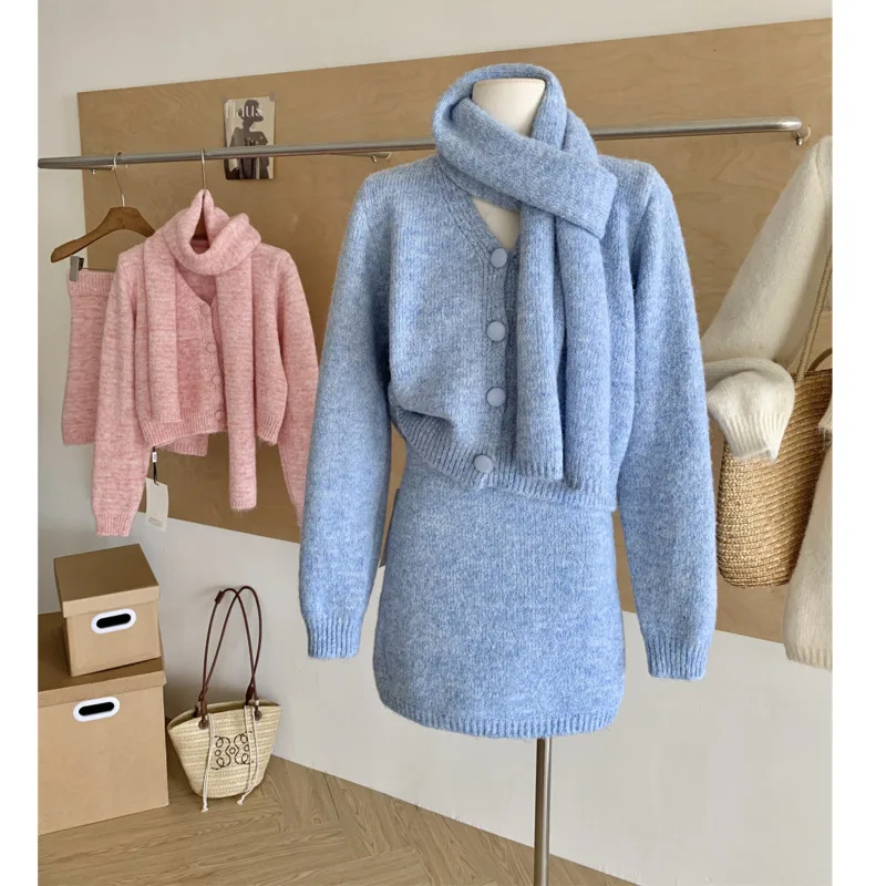 Fall Winter Sweet Soft Knitted Two Pieces Sets For Woman Outfits Korean Casual V Neck Single Breasted Cardigan+bodycon Skirt Set