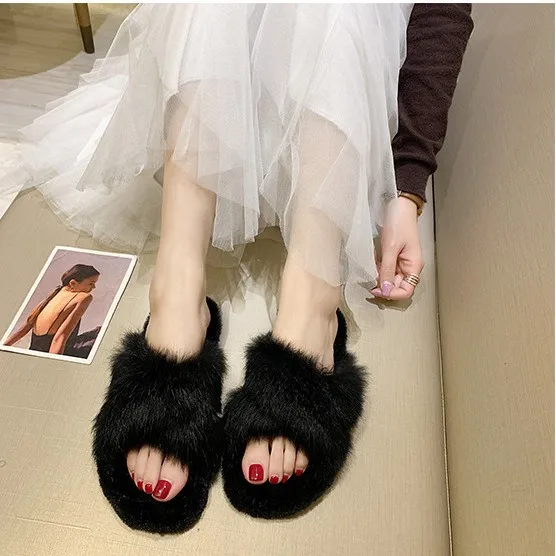 2026 Fashion One Word Thick Fur Slippers Double Fur Slippers Casual Home Cotton Shoes for Women Flat Plush Cross Straps Slippers