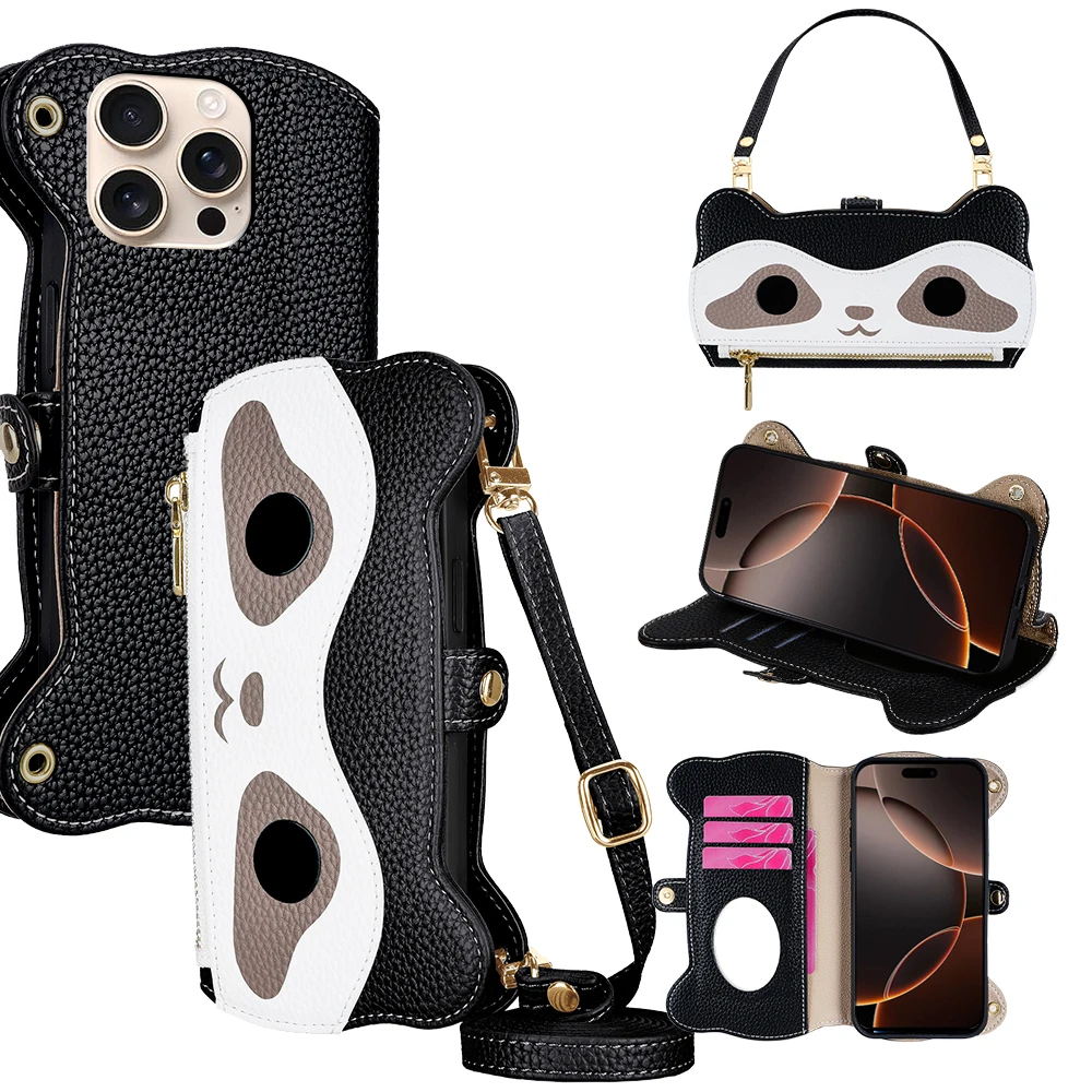 Capa Carteira de Couro com Zíper e Design de Guaxinim Fofo para Asus Zenfone 10Z 10 9 9Z 8 ZS590KS, Luxuosa com Alça Transversal, 3 Slots para Cartões e Alça de Pulso