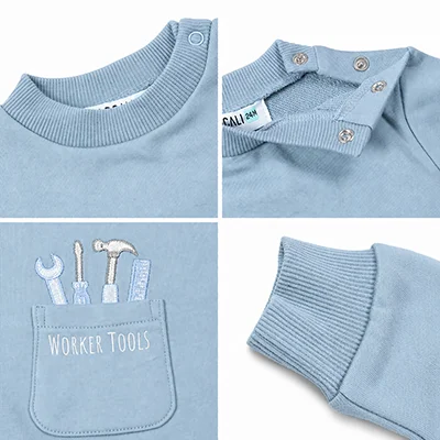 BARCALI Fall Blue French Terry Pocket Set 2pcs Children's Outfit Embroidery Design for Girl Boys And Baby Teenage Clothing Set