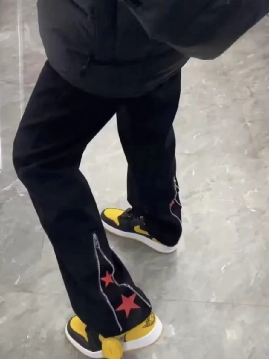 

Американские мужские джинсы свободного кроя в стиле High Street, весна-осень, с молниями, прямые, слегка расклешенные, повседневные, молодежные