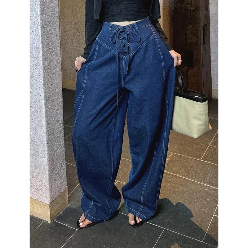 

Синие джинсы для женщин, американские широкие брюки с высокой талией, винтажные прямые мешковатые джинсовые брюки Y2K, осень 2024, брюки оверсайз