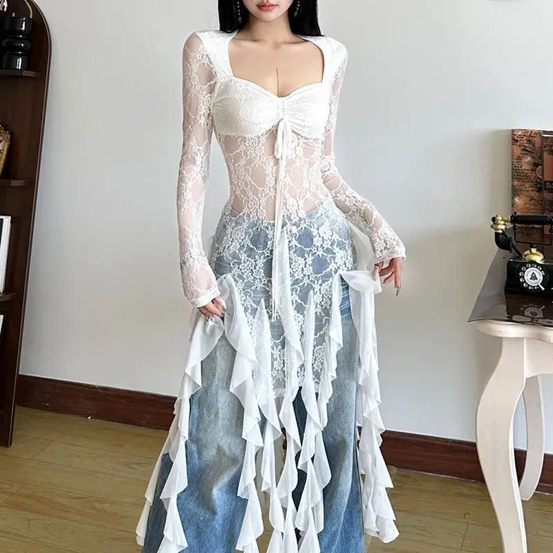 Pure Desire Spice Girl Perspective Lace Chic Streamer Splicing Square Neck Long-sleeved T-shirt Women's Slim Vacation  Sexy Top