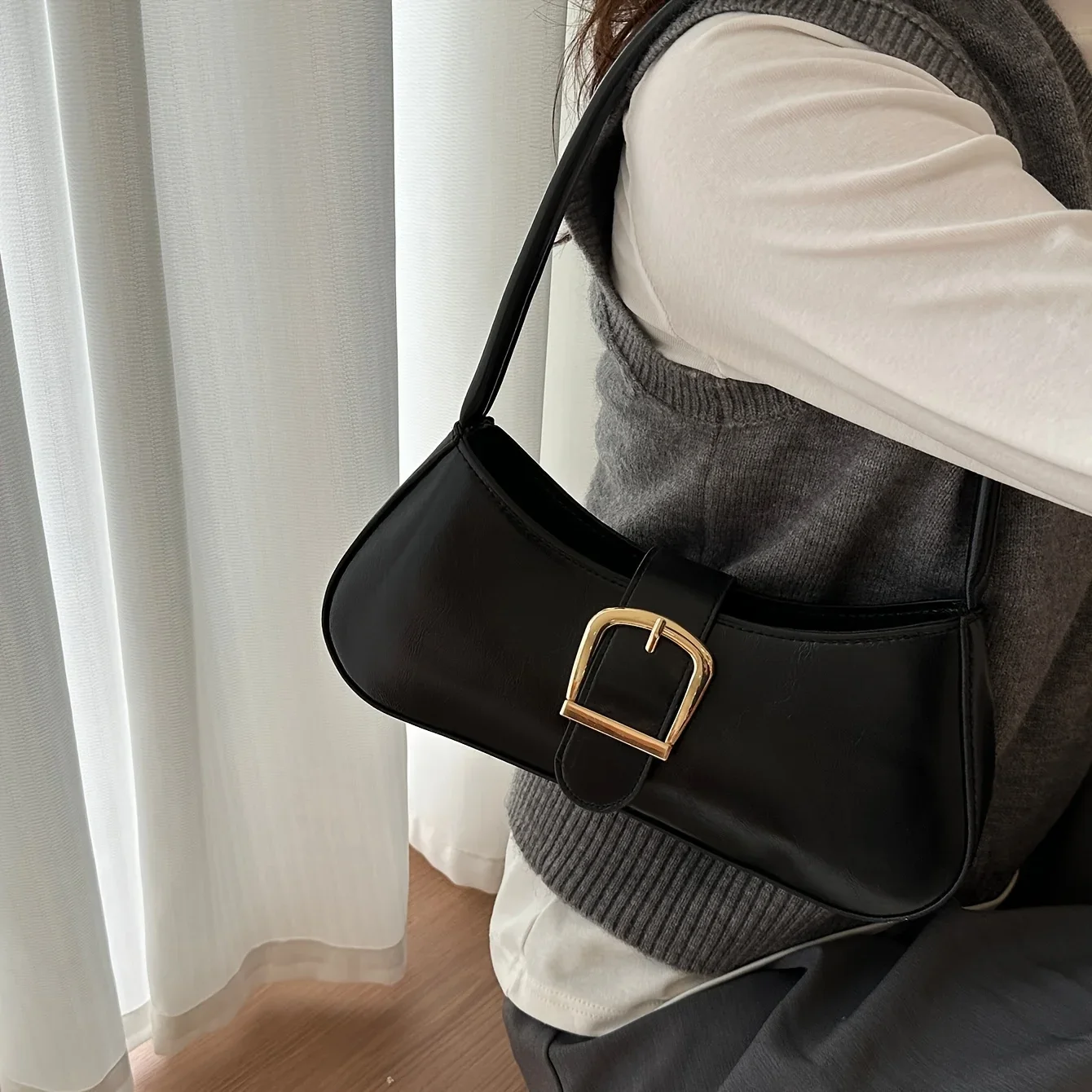 

Solid Color Bag With Buckle Decor, Minimalist Underarm Bag For Women