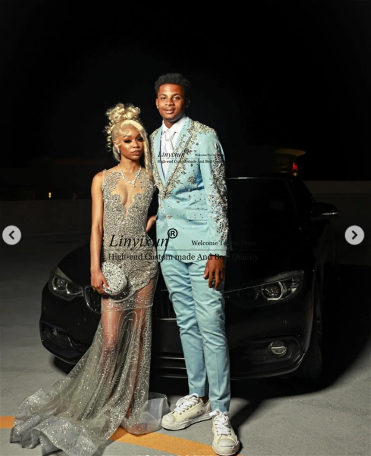 Sparkly Metal Embellished Beaded Men Suit Customized Notched Lapel Groom Tuxedos 2 Piece Sets Male Blazers Slim Fit Costume Homm