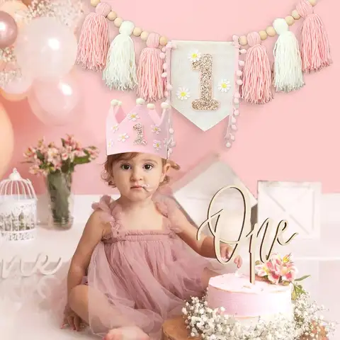 बोहो प्रथम जन्मदिन उच्च कुर्सी बैनर गुलाबी पार्टी सजावट लड़की के लिए बेबी शॉवर दीवार हैंगिंग बच्चों के बेडरूम के लिए सजावटी 8 best sales एक साल की जन्मदिन वाली लड़की - №1