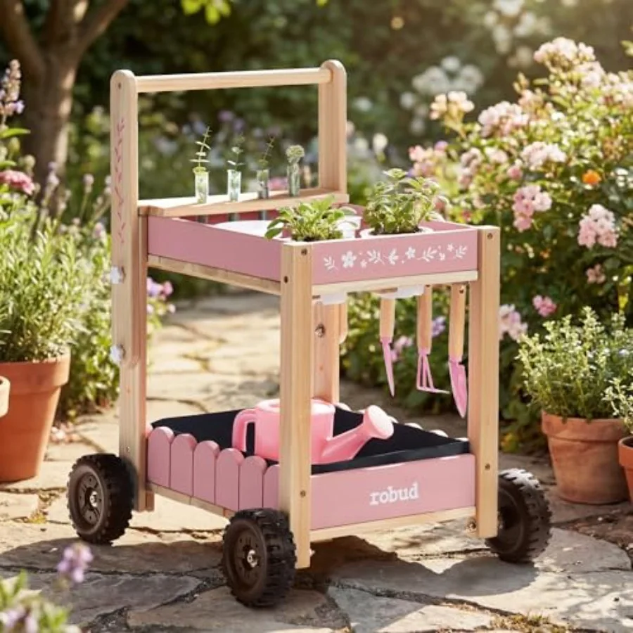 

Gardening Tools Set with 2-Tier Wooden Cart Wheelbarrow Toddler Gardening Set with Watering Can Shovel Rake Plant Labels Outdoo
