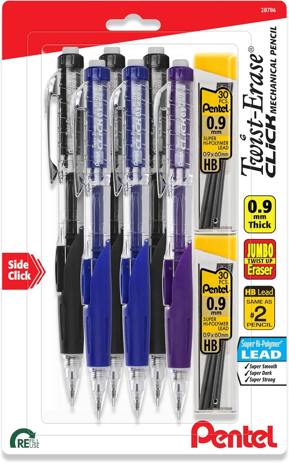 

Twist-Erase Click Mechanical Pencil, 0.9mm, Pack of 6 with Lead Refills - Smooth Writing & Erasing