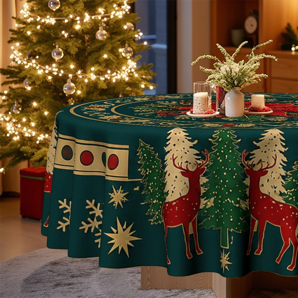 1 tablecloth, Christmas themed, festive Christmas flower, reindeer and snowflake print tablecloth