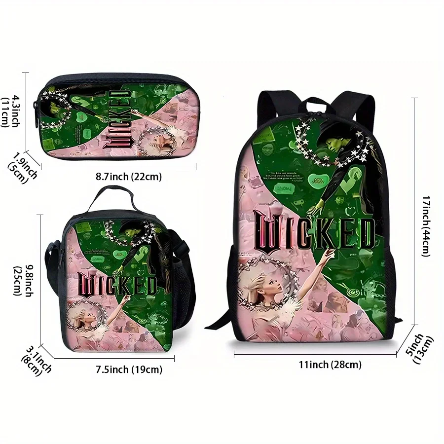 Wicked-Themed Backpack & Pouch Set - Lightweight, Adjustable Strap, Zipper Closure, Hand Washable, Fashionable Green & Pink Desi