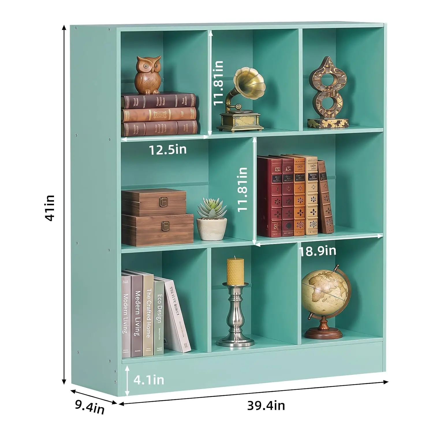 3 Tier 8 Cube Horizontal Bookshelf Low Bookcase with Shelves Green, Customized