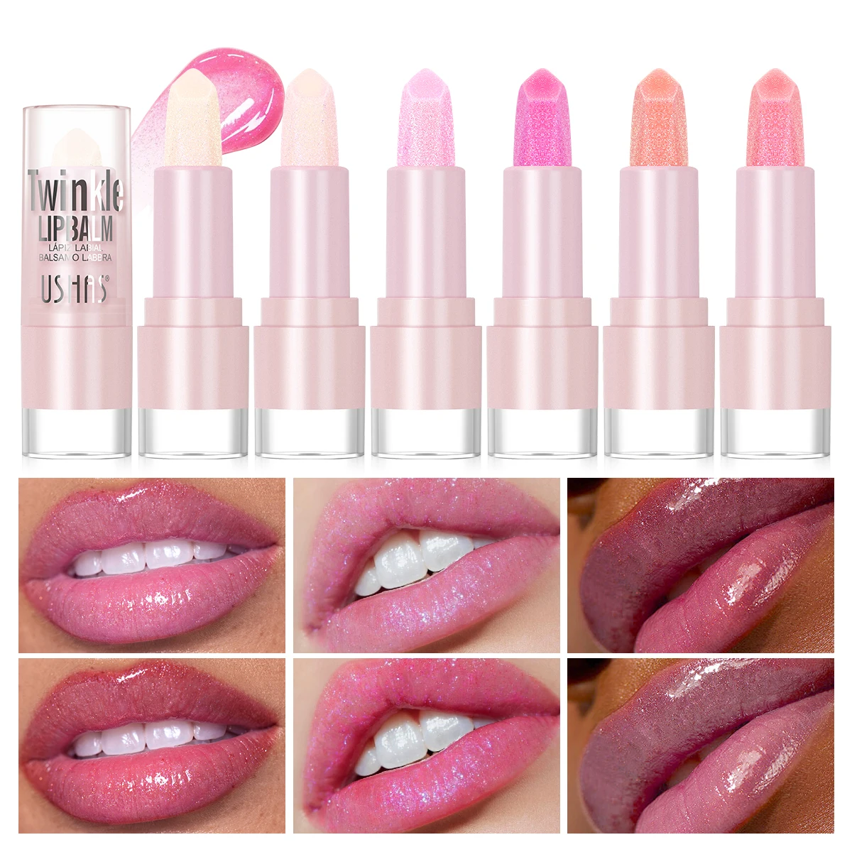 USHAS Moisturizing Twinkle Lip Balm Long-lasting 6 Color Glitter Lipstick Hydrating Color Changing Lip Balm for Winter Autumn