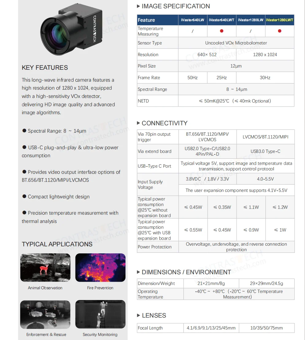 Free SDK 1280x1024 Uncooled 1.3MP 30Hz Radiometric LWIR MIPI Thermal Camera UAV Module for Building Monitoring Contrastech