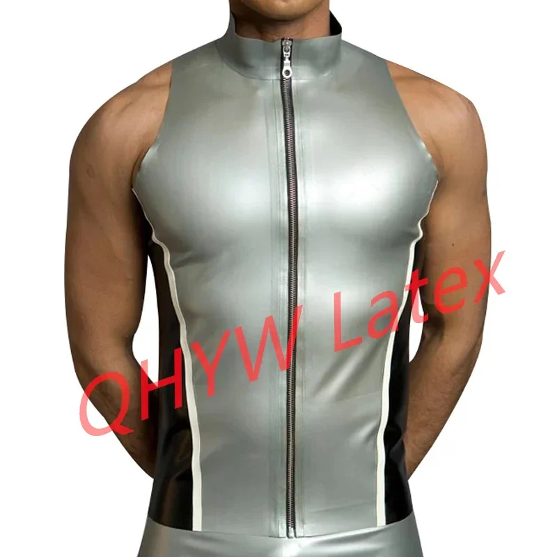 Silver and Black White Trims Sexy Latex Vest Zipper At Front High Collar Sleeveless Rubber Top