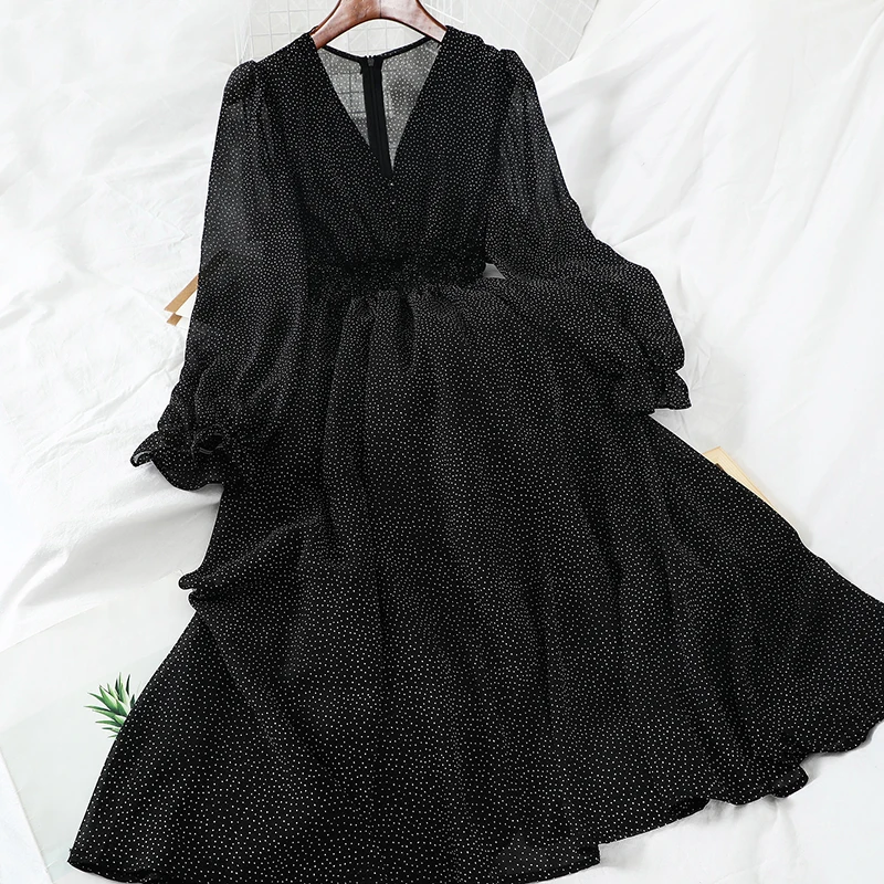 Polka Dot Chiffon Bubble Long Sleeve Ruffle Waist Closing Dress Women 2021 Autumn Sexy V-neck Party Evening Club Long Maxi Dress