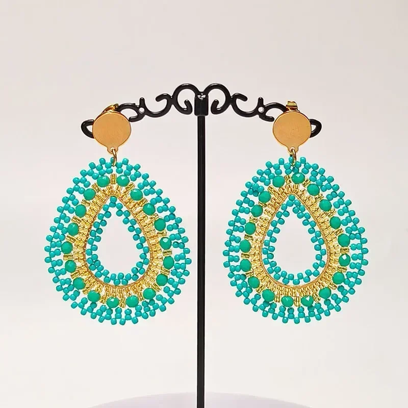 Green Crystal Water Drop Beaded Earrings Hand Knitted Bohemia Alloy Simple Versatile Female Rice Bead earrings Jewelry