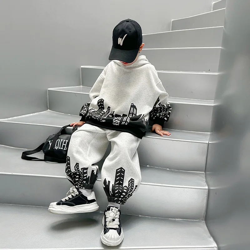 2025 Spring Preteen Boy 2PCS Clothes Set White City Print Hooded Pullover Suit Black Trim Loose Track Pant 4-12Y Kids Boy Outfit