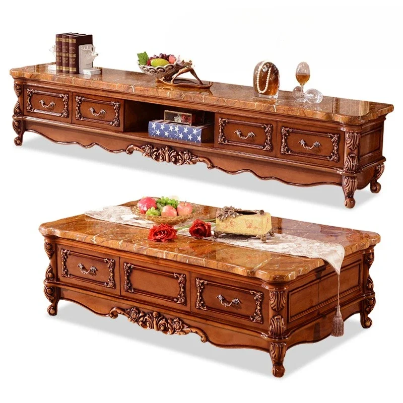 

European coffee table TV cabinet, solid wood marble sofa matching corner table