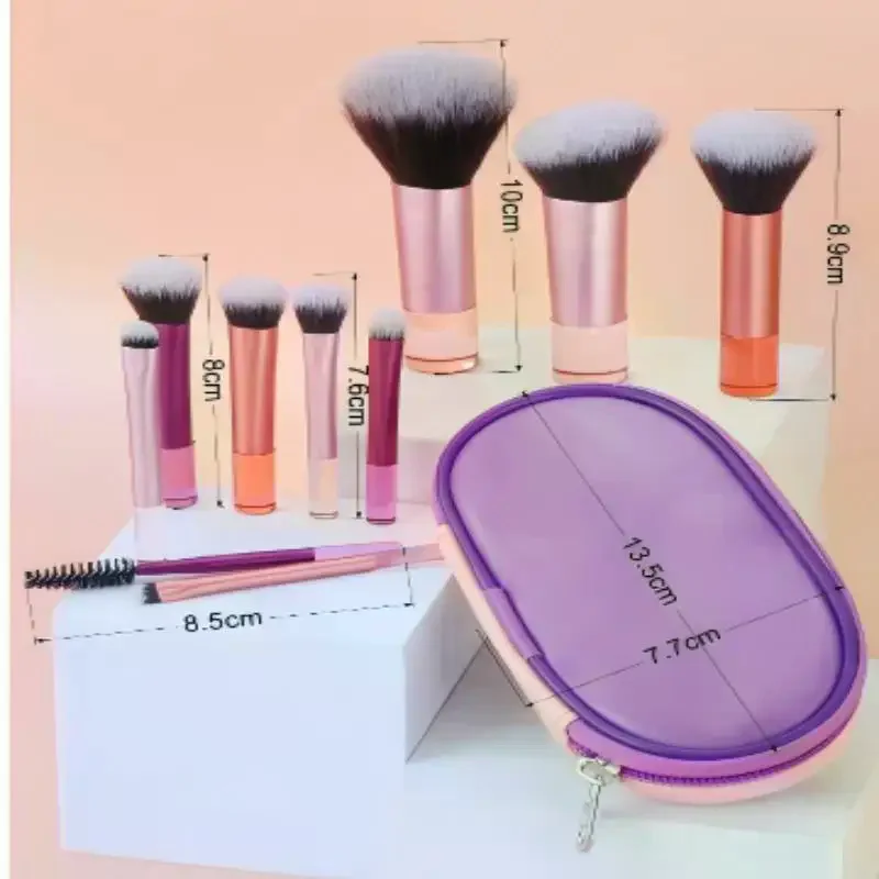 10 szt. Wielokolorowy Zestaw Pędzli do Makijażu z Krótką Rączką, Przenośny, z Torbą do Przechowywania, Idealny w Podróży