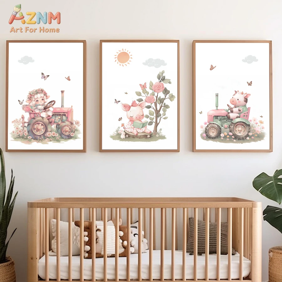 AZNM Cute Farm Animal Sheep Pig Cow Tractor Cartoon Canvas Wall Art, Soft Pastel Aesthetic Nursery Girls Room Home Decor Unframe