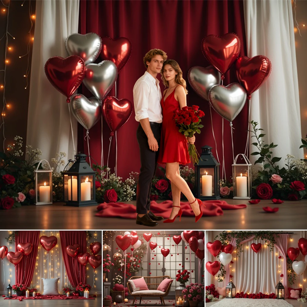 

MOON.QG Backdrop Studio Red Curtain Interior Romantic Valentine's Day Backgrounds For Photographs Accessories Photocall Lover