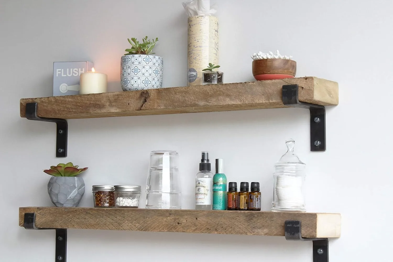 Accent Shelves | Reclaimed Barn Plank | Set of 2 with Full Brackets (Natural 30