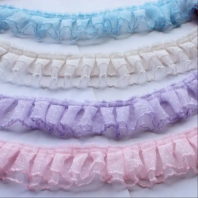 3/5yard 5CM Wide 2Layers Purple Pink Mesh Polka Dots Embroidery Ruffle Lace Trim Lolita Dress Collar Cuffs DIY Sewing Decor X658