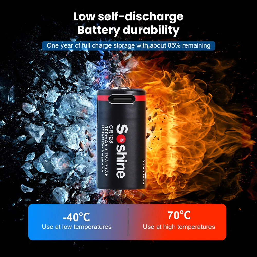 Soshine USB 16340 900mah Rechargeable Battery 3.7V CR123 RCR123 Lithium Battery 100% Original Batteries for Camera Flashlight