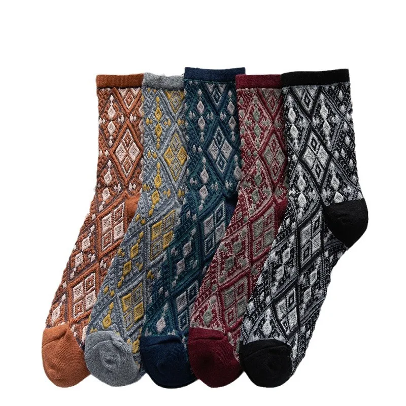 5 Pairs Autumn Winter College Style Three-dimensional Abstract Rhombus Plaid Color Matching Artistic Medium Tube Women Socks