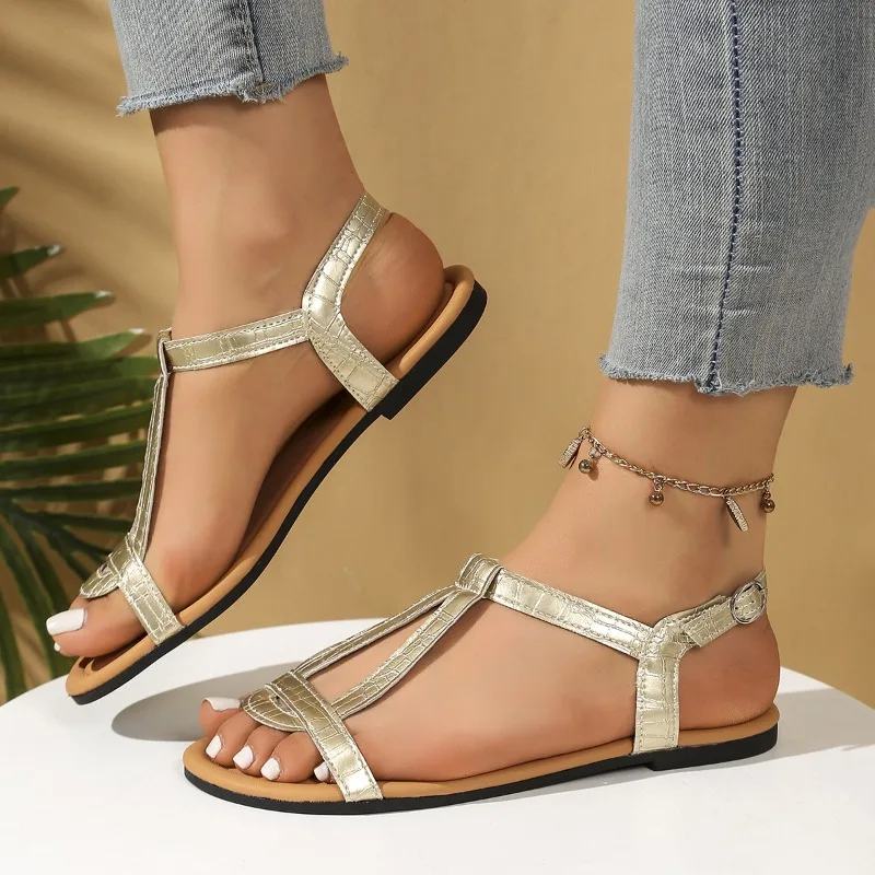 Silver Snake Pattern Flat Sandals Women Summer Light Comfort Non Slip Casual Shoes Plus Size Ankle Strap Platform Beach Shoes