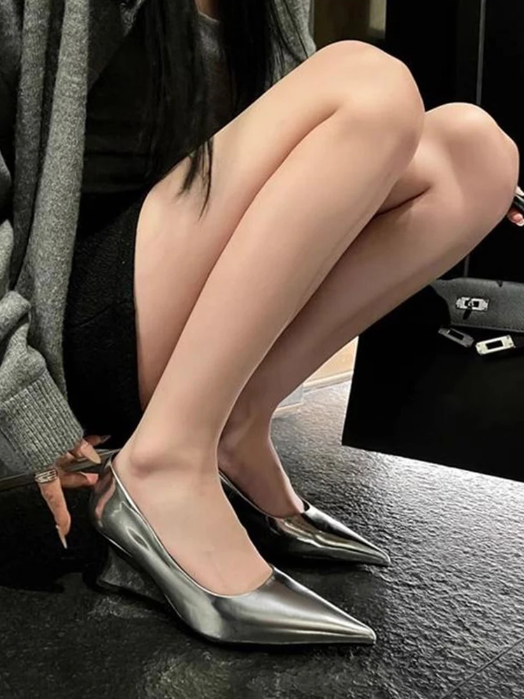 

High Quality Cow Leather Heels for Women Comfortable Soft Sheepskin Pointed Top Wedge Shoes Career Work Dress Talons Femme