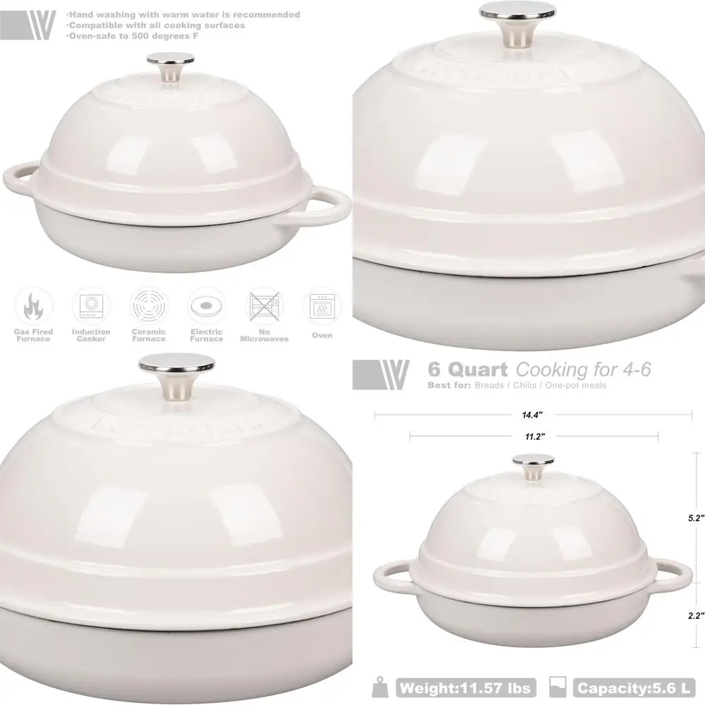 

Чугунная эмалированная кастрюля-духовка белого цвета, 6 кварт, с крышкой, для выпечки хлеба и использования в духовке