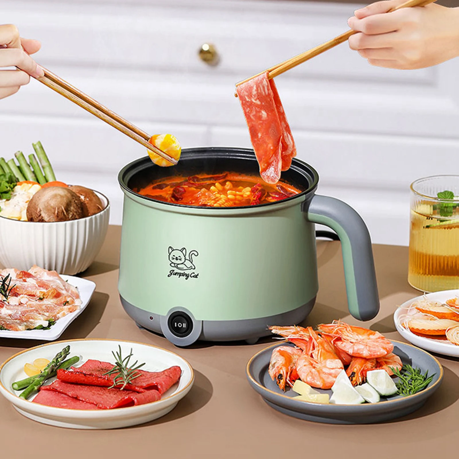 Electric Hot Pot with Steamer Non Stick Frying Pan 300W/600W Electric Cooker 1.8L Mini Pot for Oatmeal Egg Soup Ramen Fried Rice