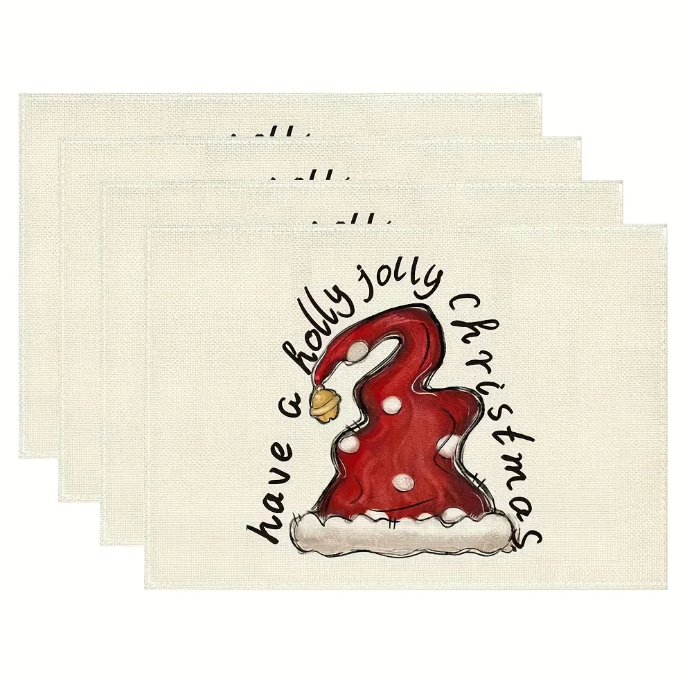 4pcs Set, Merry Christmas Polka Dot Santa Claus Red Hat on a White Background Pattern Placemat Seasonal Everyday Holiday Decor