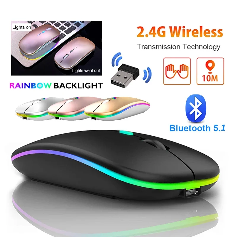 

Wireless Mouse 2.4Ghz Bluetooth Rechargeable Mouse Silent LED Backlit USB Gaming Mouse 1600DPI Mice for Compter PC Laptop