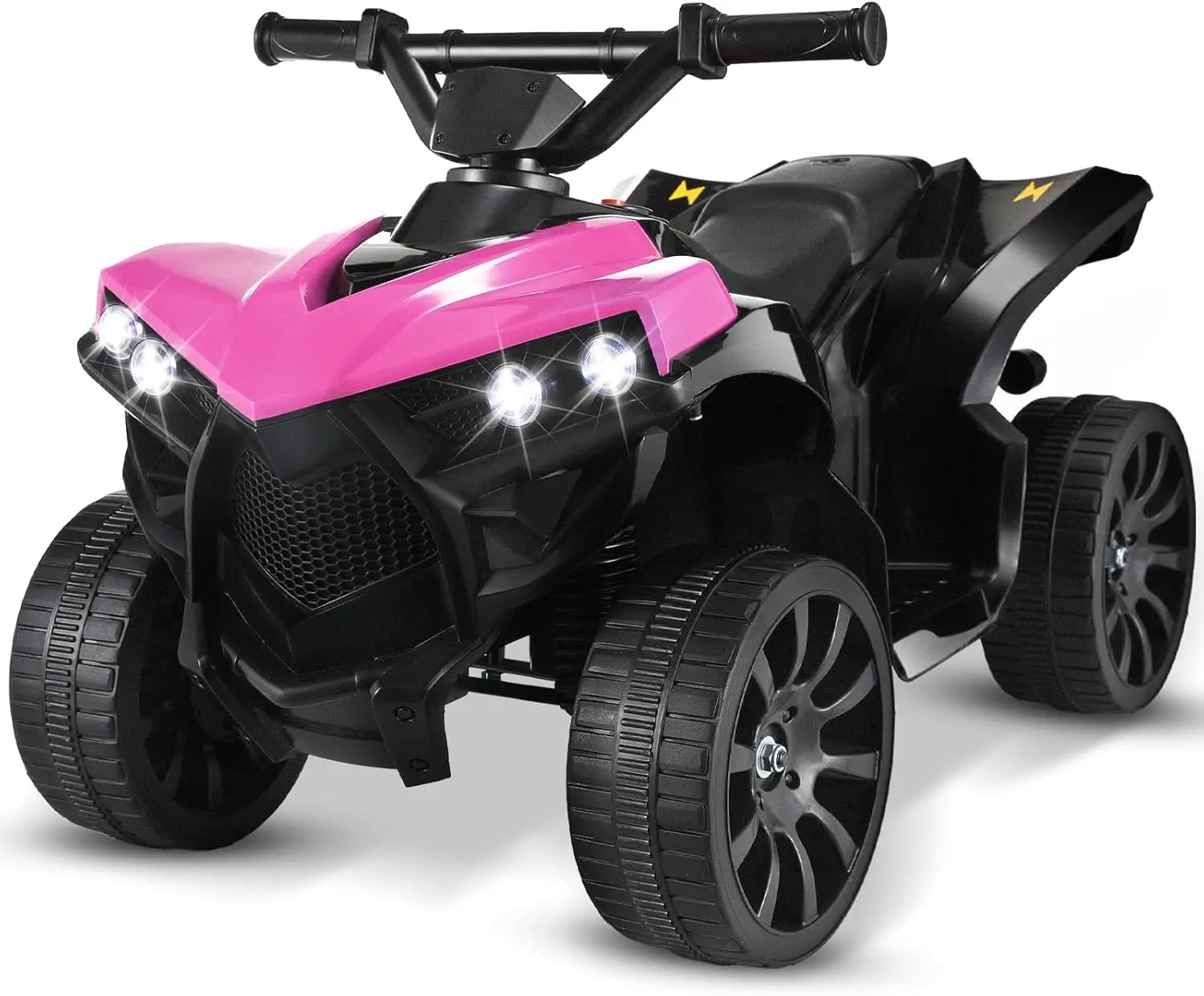 Los niños viajan en el coche cuádruple todoterreno eléctrico ATV con batería de 6 V con música, luz, rosa