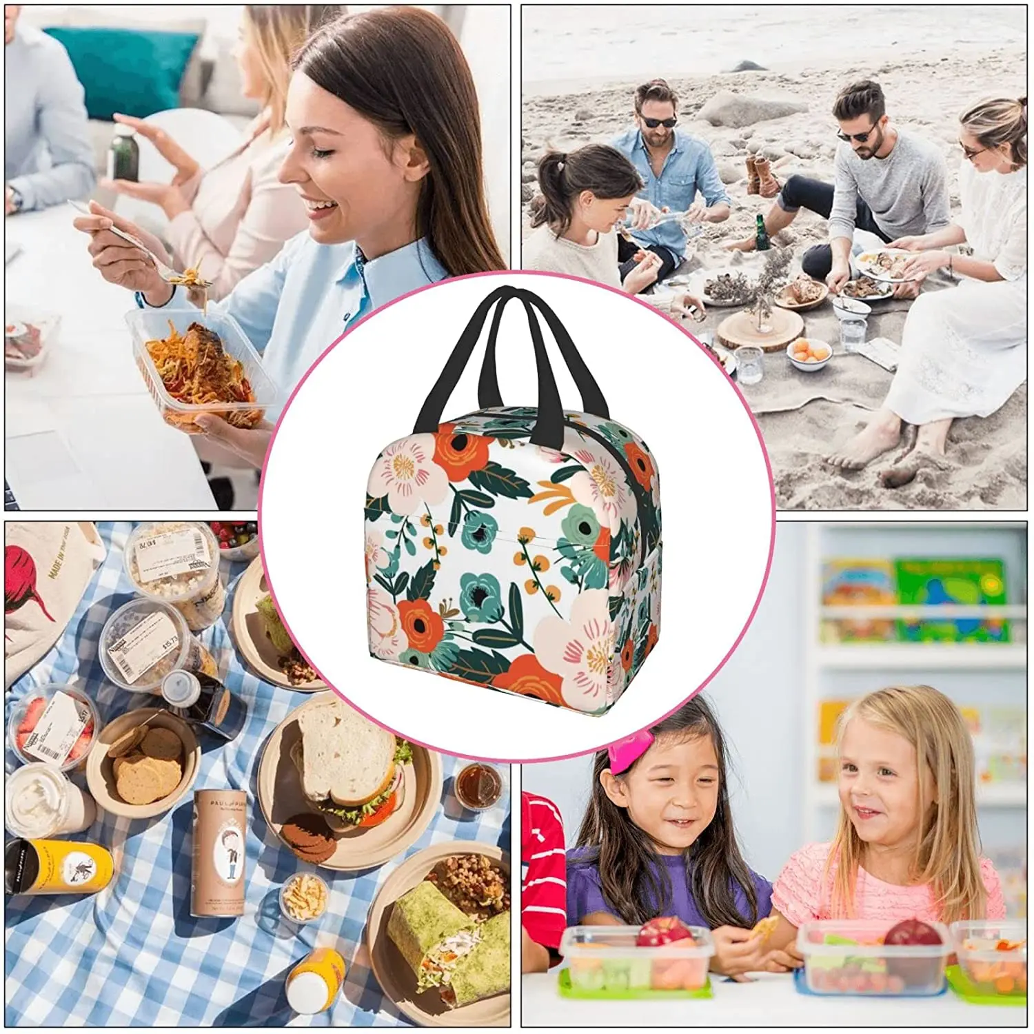 Lunch Bag Colorful Floral Insulated Lunch Box Freezable Cooler Thermal Waterproof Lunch Tote Bag for Travel Work Hiking Picnic