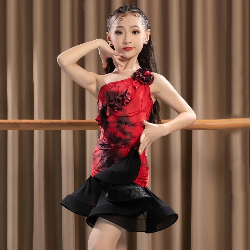 Summer Oblique Shoulder Latin Dance Dress Kids Professional Dancing Costume For Girls Samba Cahcha Rumba Dancewear