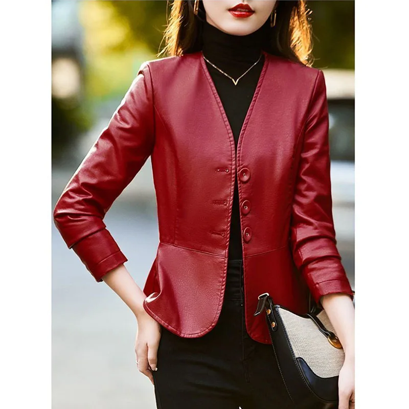 Leather Jacket For Women 2026 New Spring And Autumn High-End Design Waist Cinching Temperament Short V-Neck Leather Jacket Red