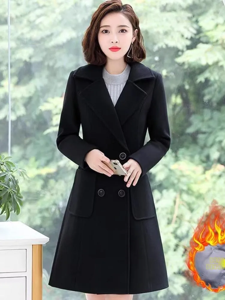 플러스 사이즈 여성용 한국 스타일 루즈 울 코트 가을 겨울 신상 슬레 프로 코트 롱 코트 단색 헤비 여성용