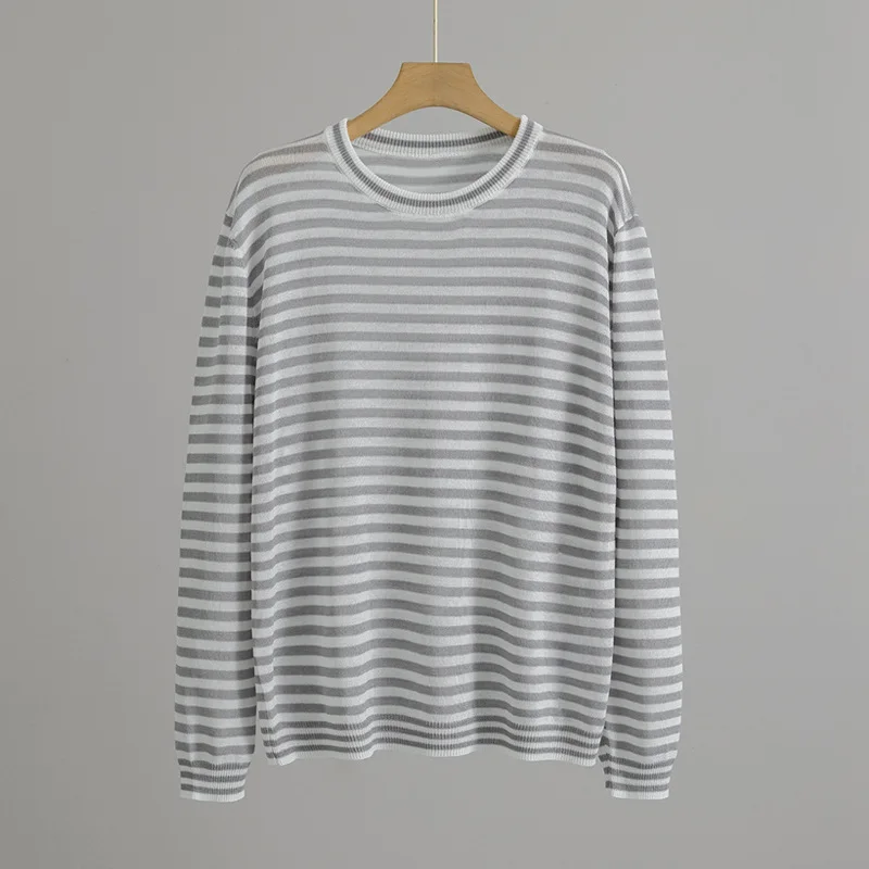 

Новая французская элегантная японская импортная и бумажная пряжа, классическая полосатая свободная блузка с круглым вырезом для женщин