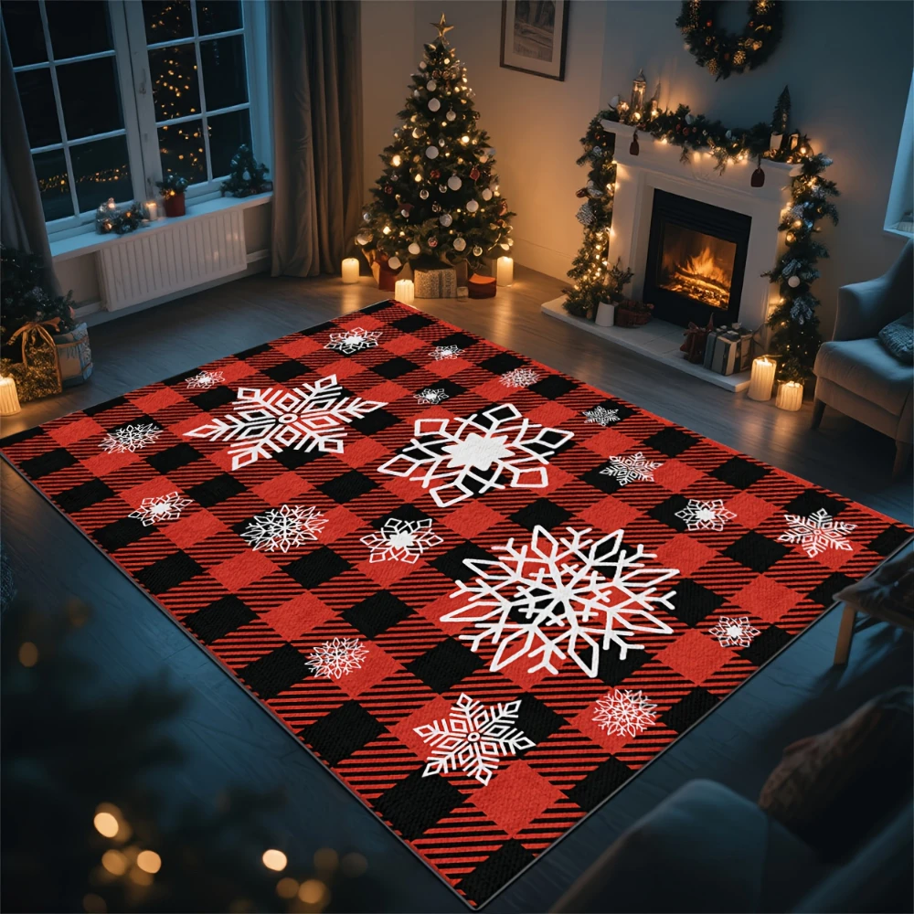 Red Black Plaid Snowflake Christmas Floor Mat Living Room Home Decor Carpet Holiday Gift Bedroom Rug Seating Area Hearth Flat