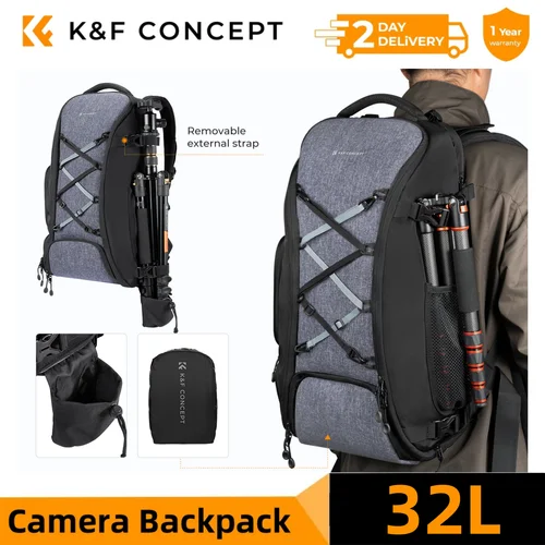 K & F Concept Mochila para cámara grande de 32L/25L para Canon Sony DJI DSLR/SLR Estuche para cámara portátil de 15"" con correa para trípode y funda impermeable