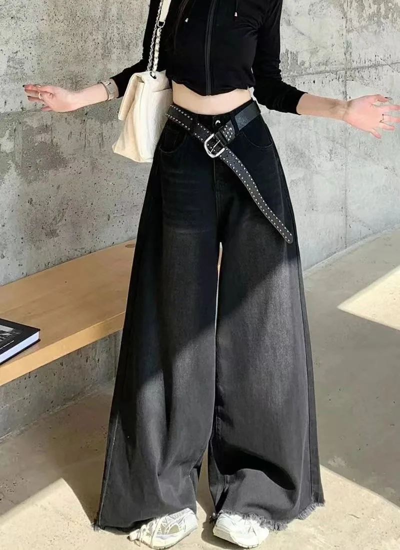 

Hot Girl Baggy Woman Pants Y2k Street vintage Washed To Make Old Jeans Straight Wide-Leg Denim Black Gothic Pants For Women