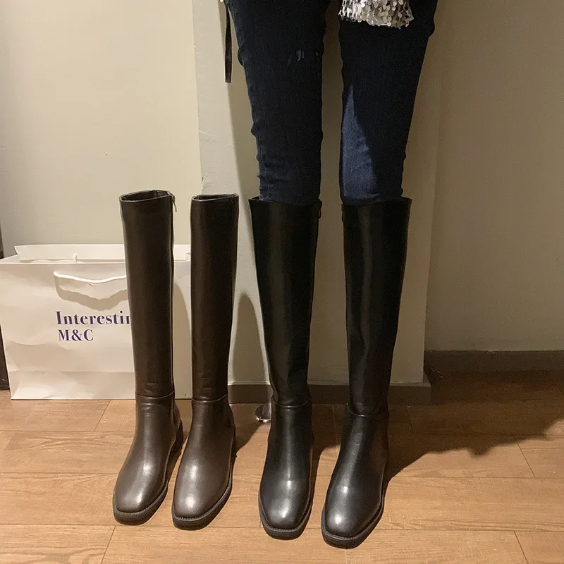 Bottes Hautes en Coton à Talons Bas pour Femme, Chaussures Élégantes en Cuir Souple, à la Mode, 2024