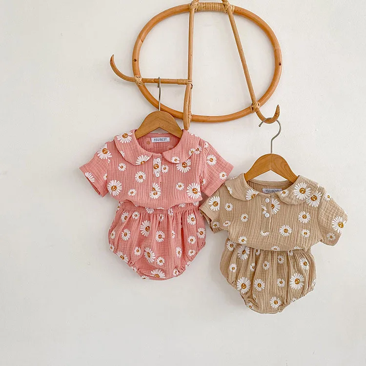 

Summer Baby Girl Set Korean Edition Daisy Cute Doll Collar Short Sleeve Top and Pants Baby 2-piece Set Baby Girl Clothes,W239