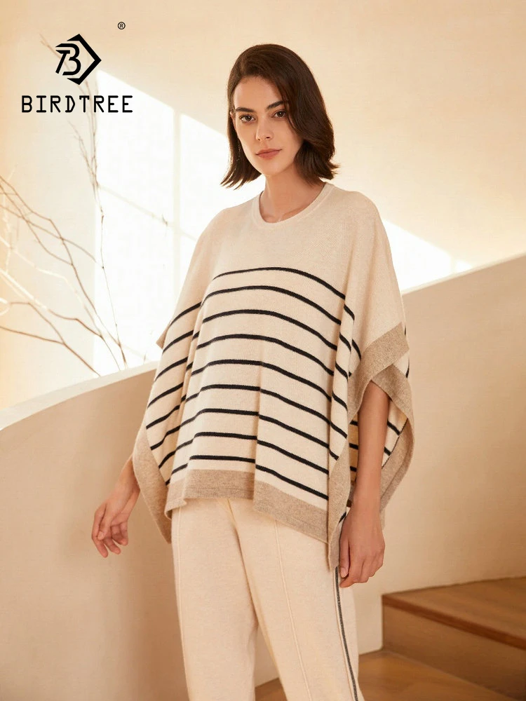 

BirdTree, 100% Cashmere Warm Shawl, Women's Simple Loose Round Neck Striped Thick Cardigan, 2024 Autumn and Winter Cape A48035KS